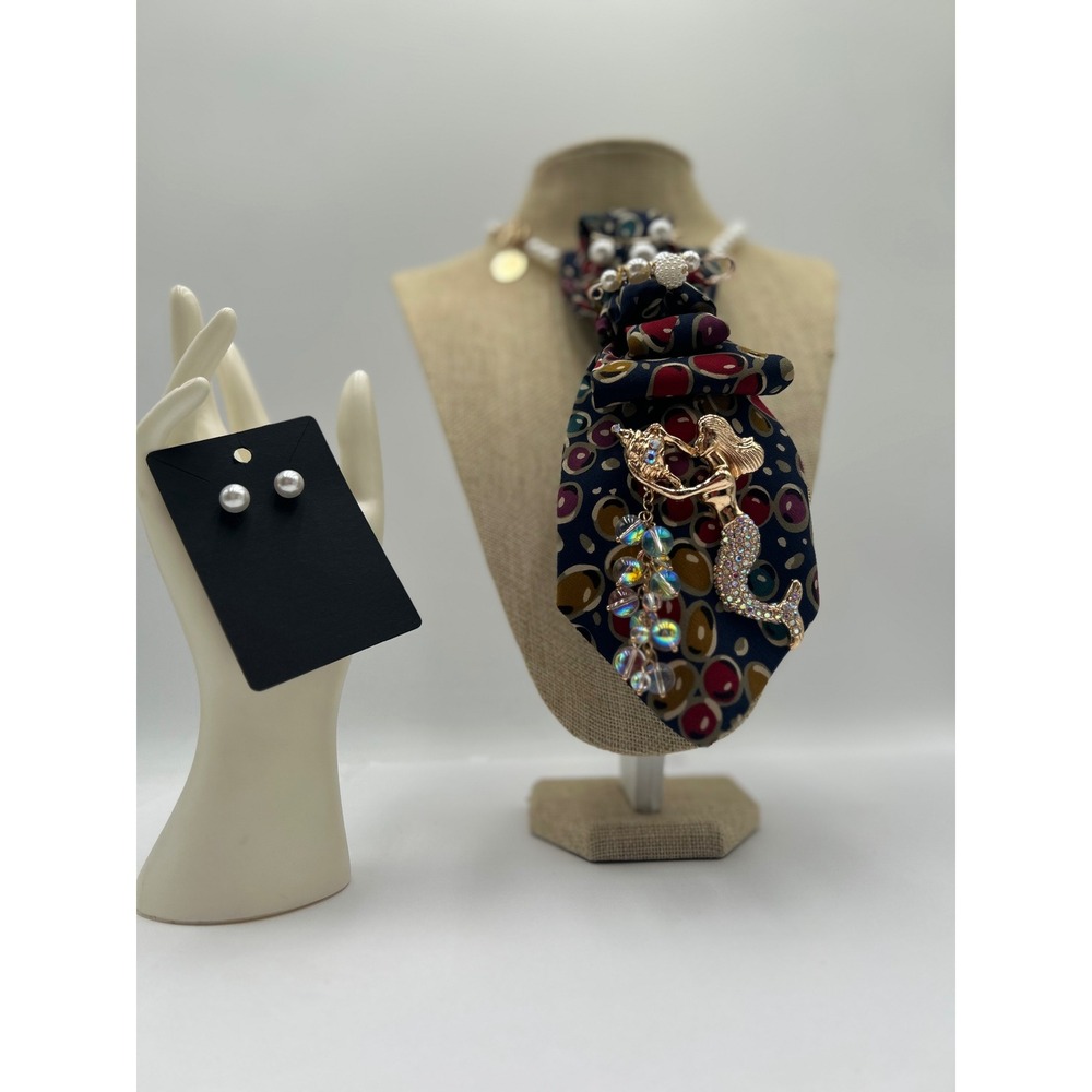 Vintage Italian Silk Mermaid Tie Necklace Set Pearl Embellished Maximalist Core - Picture 3 of 9